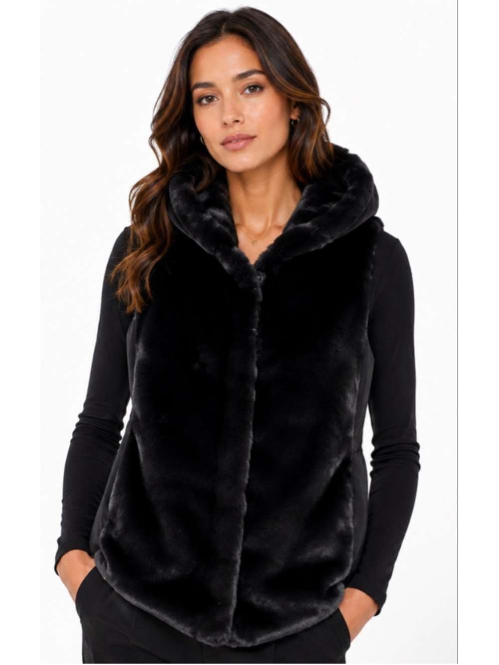 Theory Black Faux Fur Hooded Vest M